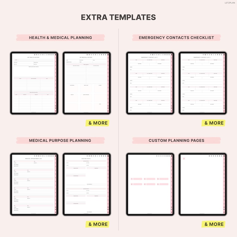 Pu&ograve; includere: Immagine di modelli di pianificatore digitale su tablet neri. I modelli includono liste di controllo sanitarie, mediche e di contatti di emergenza. Il testo "EXTRA TEMPLATES" e gli accenti rosa sono visibili.