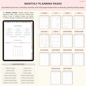 May include: Digital planner with monthly planning pages, including calendar, plan, review, and goals sections. Features hyperlinked tabs for easy navigation. Includes trackers for income, expenses, bills, sales, orders, and returns. A stylus is also visible.