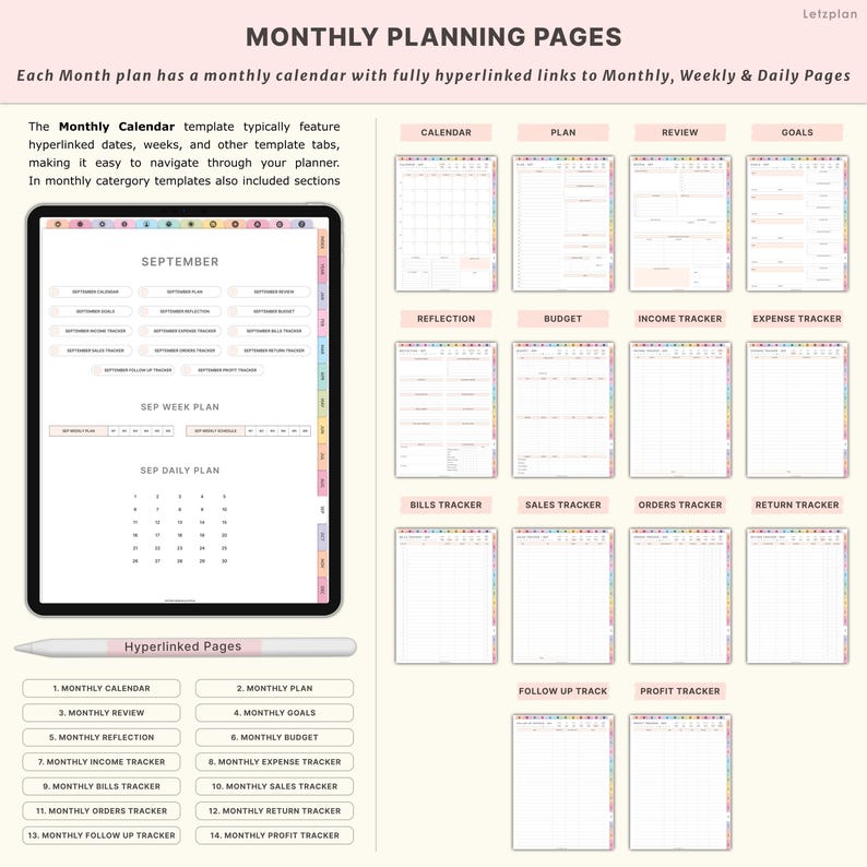 May include: Digital planner with monthly planning pages, including calendar, plan, review, and goals sections. Features hyperlinked tabs for easy navigation. Includes trackers for income, expenses, bills, sales, orders, and returns. A stylus is also visible.