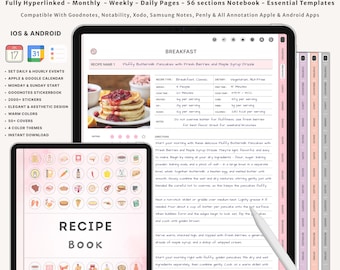 Digital Recipe Book for Goodnotes and iPad | Digital Cookbook and Recipe Planner with Grocery List | Meal Journal and Food Tracker