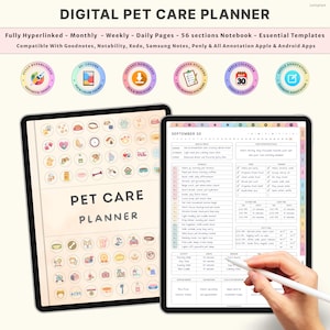 Peut inclure: Planificateur numérique de soins pour animaux de compagnie sur une tablette. Le planificateur comprend des sections mensuelles, hebdomadaires et quotidiennes. Compatible avec Goodnotes, Notability, Xodo, Samsung Notes, Penly et toutes les applications Apple et Android. Le texte "PET CARE PLANNER" est affiché.
