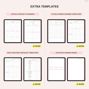May include: Digital planner templates displayed on black tablets. The templates include office and project planning, to-do and home planning, daily routine checklists, and custom planning pages. The text "EXTRA TEMPLATES" is at the top.