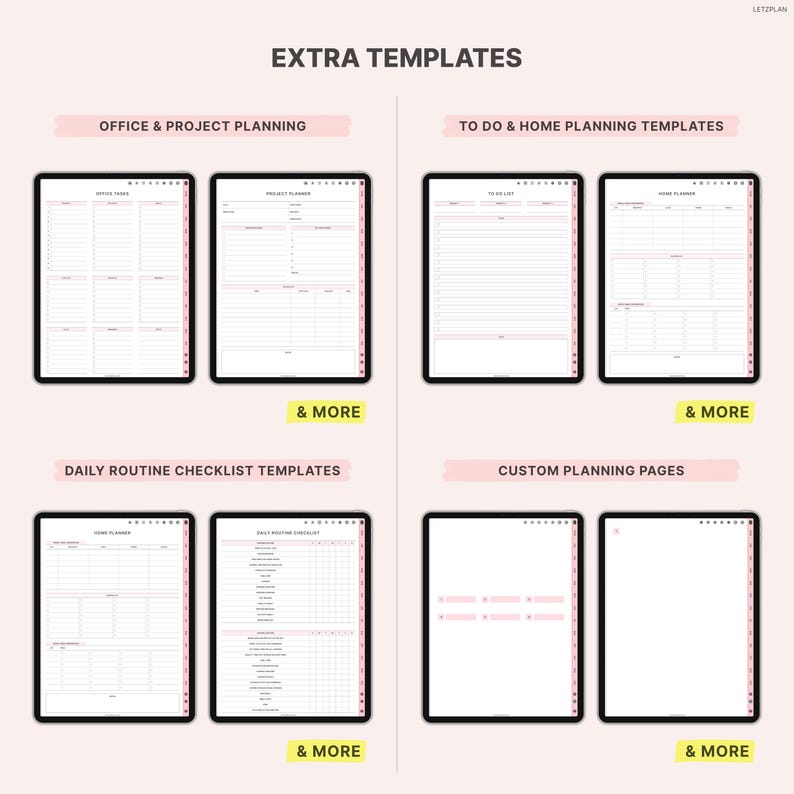 May include: Digital planner templates displayed on black tablets. The templates include office and project planning, to-do and home planning, daily routine checklists, and custom planning pages. The text "EXTRA TEMPLATES" is at the top.