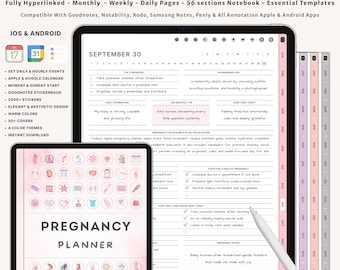 May include: Digital pregnancy planner displayed on a tablet and phone. The planner offers daily, weekly, and monthly views, with sections for notes and checklists. Features include stickers, warm colours, and an elegant design. Compatible with iOS and Android.