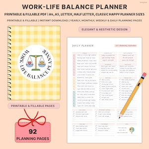 May include: A Work-Life Balance Planner with a yellow gingham cover and spiral binding. The planner includes daily, weekly, and monthly planning pages. The cover features a logo with scales and the text "Work-Life Balance Planner".