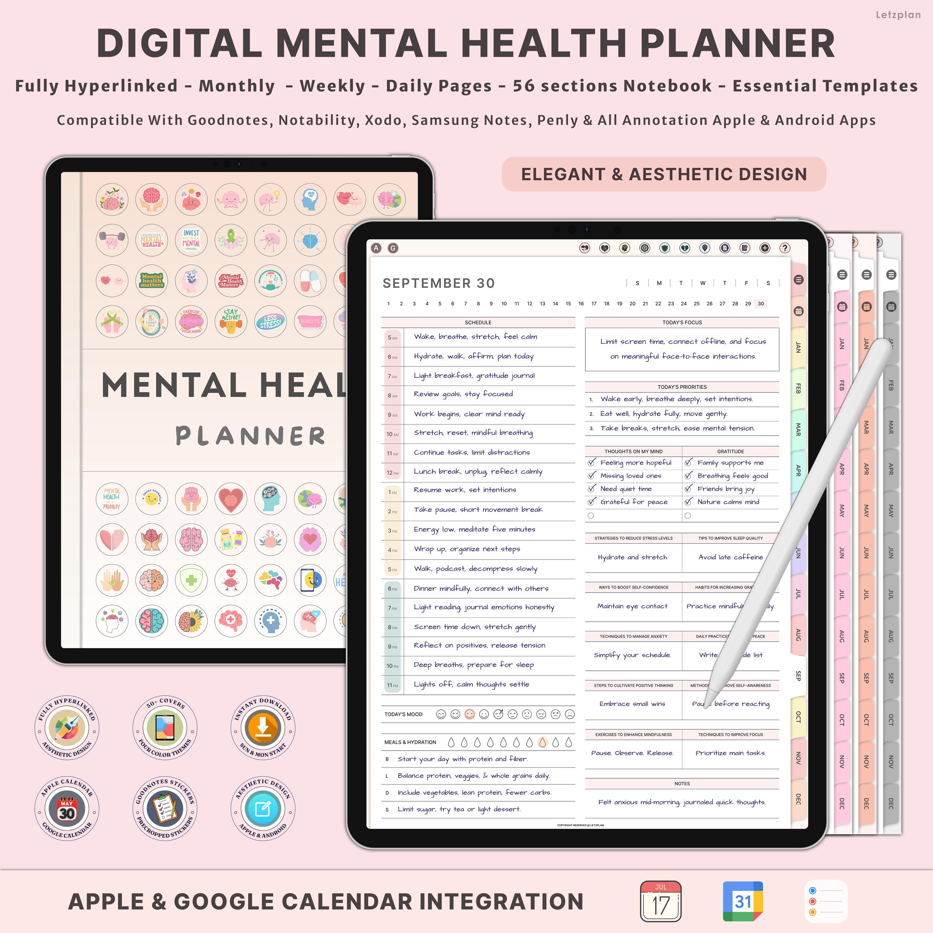 Digital Mental Health Journal, Self Care Planner, Therapy Log, Anxiety Relief Workbook, Guided Healing Journal, Mood Tracker Tools