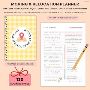 Pode incluir: Um planejador de mudança e realocação com uma capa xadrez vichy amarela e um adesivo redondo com o texto "Moving & Relocation Planner". O planejador inclui 130 páginas e está em PDF para impressão.