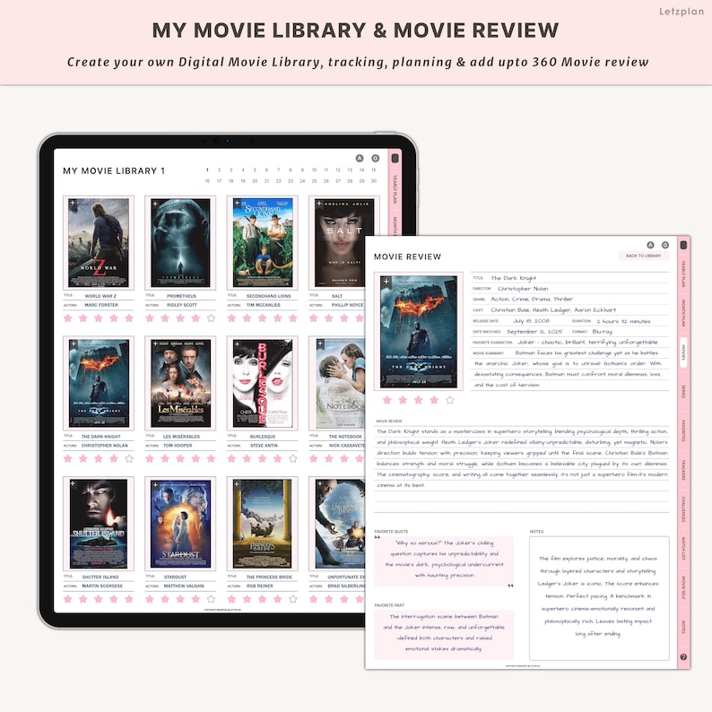 May include: A digital movie library and review planner on a tablet. The screen displays movie posters, titles, and rating stars. The text "MY MOVIE LIBRARY & MOVIE REVIEW" and "Create your own Digital Movie Library, tracking, planning & add upto 360 Movie review" are visible.