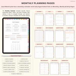 May include: Digital monthly planner with hyperlinked pages. The planner includes calendar, plan, finance, plant log, and other templates. The planner is designed for digital use and includes sections for weekly and daily planning.