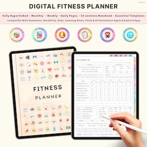 May include: Digital fitness planner displayed on two tablets. The planner includes sections for monthly, weekly, and daily tracking, with 56 sections and essential templates. The planner is compatible with various annotation apps and features a fully hyperlinked design.