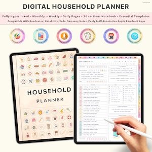 Puede incluir: Dos tabletas digitales que muestran un planificador doméstico digital. El planificador incluye secciones mensuales, semanales y diarias, con 56 secciones y plantillas esenciales. El texto en la pantalla dice "HOUSEHOLD PLANNER". Una mano sostiene un lápiz óptico.
