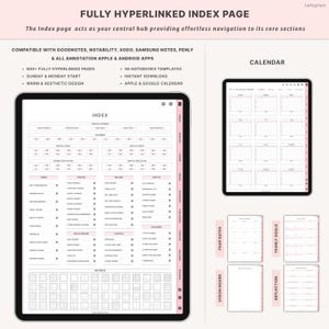 May include: Digital planner on a tablet, showing a pink and white index page with hyperlinks. The image includes calendar views, yearly goals, and a vision board. Text highlights compatibility with apps and features like 600+ pages and instant download.