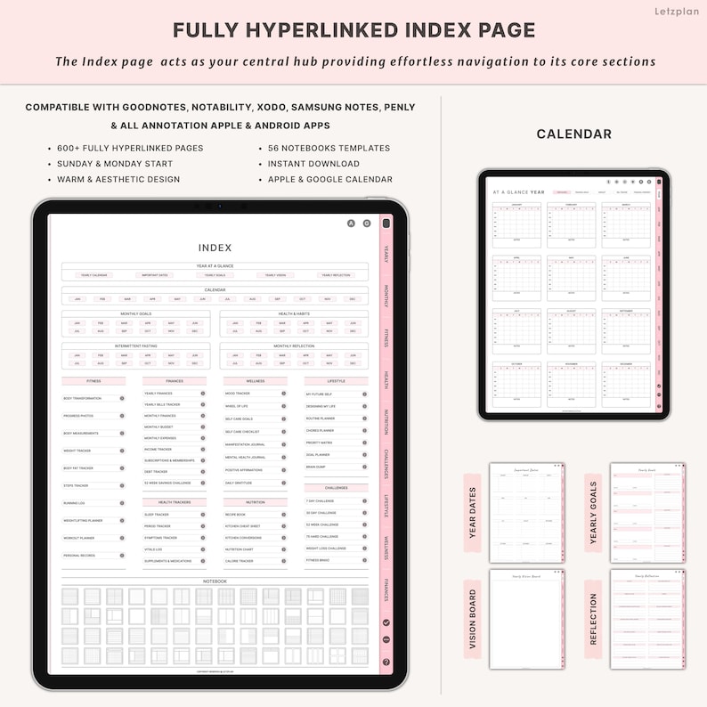 May include: Digital planner on a tablet, showing a pink and white index page with hyperlinks. The image includes calendar views, yearly goals, and a vision board. Text highlights compatibility with apps and features like 600+ pages and instant download.