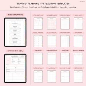 Pu&ograve; includere: Modelli digitali di pianificazione per insegnanti visualizzati su un tablet. I modelli includono sezioni per informazioni sugli studenti, orari delle lezioni e piani delle lezioni. Il testo in alto recita "Teacher Planning - 16 Teaching Templates."