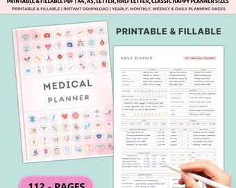 Planificador médico imprimible / Carpeta de salud / Registro de síntomas de medicación / Registro de visitas al médico / Presión arterial (A4/A5) Paquete familiar