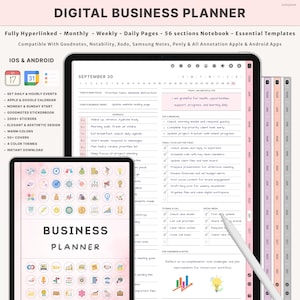 Pode incluir: Planejador de negócios digital em um tablet e um dispositivo menor. O planejador inclui seções diárias, semanais e mensais, com modelos essenciais. Inclui eventos diários, calendário, adesivos e design estético. O texto na tela diz "Business Planner".
