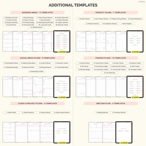May include: Digital templates for business, product, social media, finance, client, and meeting planning. The image displays various templates, including business overviews, product pricing, social media plans, and financial trackers. Each template is designed for digital use.
