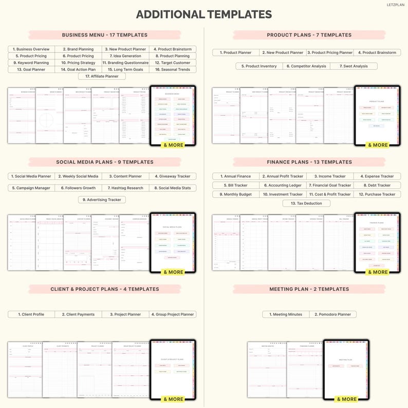 May include: Digital templates for business, product, social media, finance, client, and meeting planning. The image displays various templates, including business overviews, product pricing, social media plans, and financial trackers. Each template is designed for digital use.