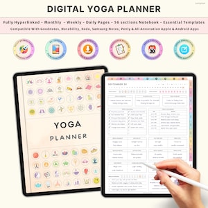 Op de afbeelding: Twee tablets tonen een digitale yoga planner. De planner heeft een crèmekleurige omslag met de tekst "YOGA PLANNER" en verschillende pictogrammen. De tweede tablet toont een dagelijkse pagina met selectievakjes en secties voor yogahoudingen en notities. De bovenste tekst luidt "DIGITAL YOGA PLANNER".