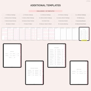 May include: Digital templates for movie and series tracking, including challenges, wishlists, and reviews. The image shows several tablets displaying various templates, such as "10 Movies Challenge" and "Watching Log". The templates are in a minimalist design.