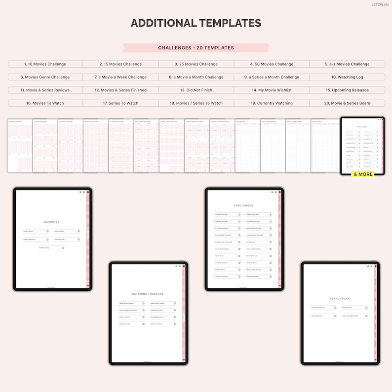 May include: Digital templates for movie and series tracking, including challenges, wishlists, and reviews. The image shows several tablets displaying various templates, such as "10 Movies Challenge" and "Watching Log". The templates are in a minimalist design.