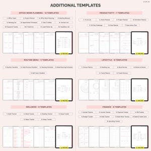 May include: Digital templates for office work, productivity, routine, lifestyle, wellness, and finance. Each category includes multiple templates, such as project planners, habit trackers, and expense trackers, displayed on tablets.