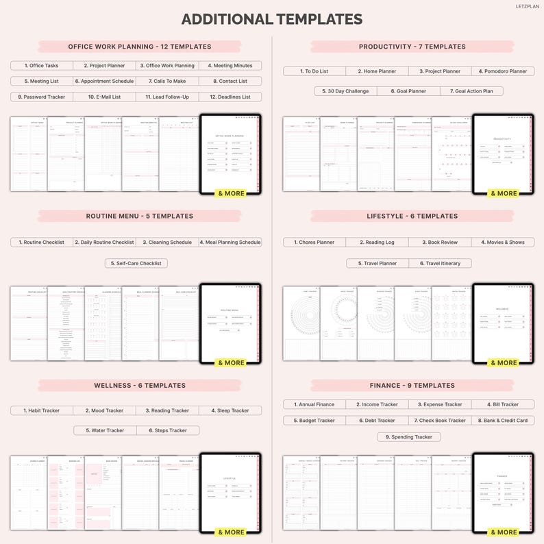 May include: Digital templates for office work, productivity, routine, lifestyle, wellness, and finance. Each category includes multiple templates, such as project planners, habit trackers, and expense trackers, displayed on tablets.