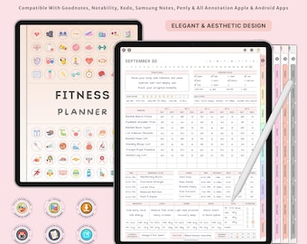 Diario digital de actividad física sin fecha para GoodNotes Notability / Seguimiento de pérdida de peso / Registro de entrenamiento y comidas / Planificador de ejercicios de bienestar