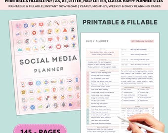 Social Media Planner Printable | Content Calendar Instagram TikTok | Marketing Tracker YouTube Blog A4 A5 Bundle