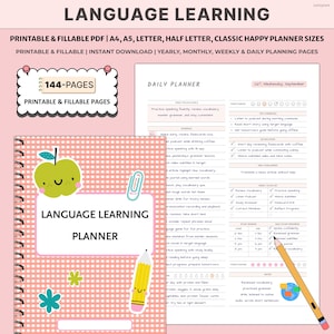 May include: A pink and white checkered Language Learning Planner with a spiral binding. The cover features an apple graphic, the words "LANGUAGE LEARNING PLANNER", and a yellow pencil. The image also includes a daily planner page.