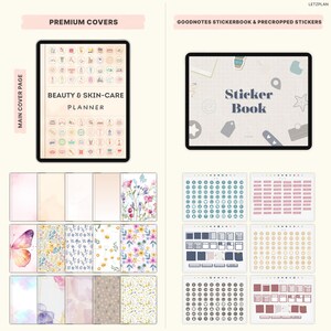 May include: Digital planner and sticker set. The image shows a tablet displaying a "Beauty & Skin-Care Planner" and a "Sticker Book". Below are various planner covers and sticker sheets with floral and butterfly designs, and color-coded labels.