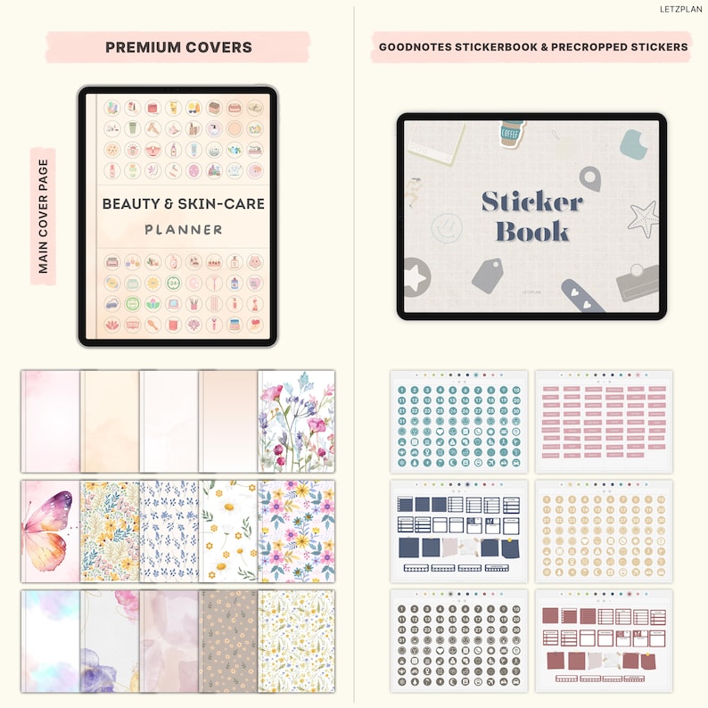 May include: Digital planner and sticker set. The image shows a tablet displaying a "Beauty & Skin-Care Planner" and a "Sticker Book". Below are various planner covers and sticker sheets with floral and butterfly designs, and color-coded labels.