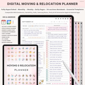 Puede incluir: Planificador digital de mudanzas y reubicación en una tableta y un dispositivo más pequeño. El planificador incluye páginas diarias, semanales y mensuales, con plantillas esenciales. Compatible con iOS y Android, con pegatinas y temas de color.