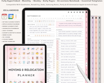 May include: Digital moving and relocation planner on a tablet and a smaller device. The planner includes daily, weekly, and monthly pages, with sections for essential templates. The planner is compatible with iOS and Android devices and includes stickers and color themes.