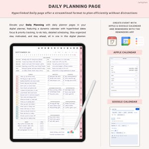 May include: Digital daily planner on a tablet with a white stylus. The planner features a dynamic calendar, to-do lists, and scheduling options. The text reads "Daily Planning Page" and includes integration with Apple and Google Calendar.