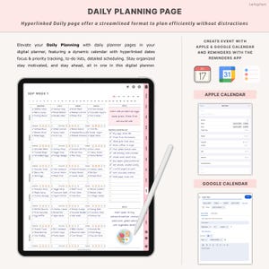 K&ouml;nnte beinhalten: Ein digitaler Planer auf einem Tablet, der eine t&auml;gliche Planungsseite mit einem dynamischen Kalender, To-Do-Listen und Planungsoptionen zeigt. Der Text "DAILY PLANNING PAGE" steht oben. Ein Stift befindet sich neben dem Tablet. Das Bild zeigt auch die Integration von Apple- und Google-Kalendern.