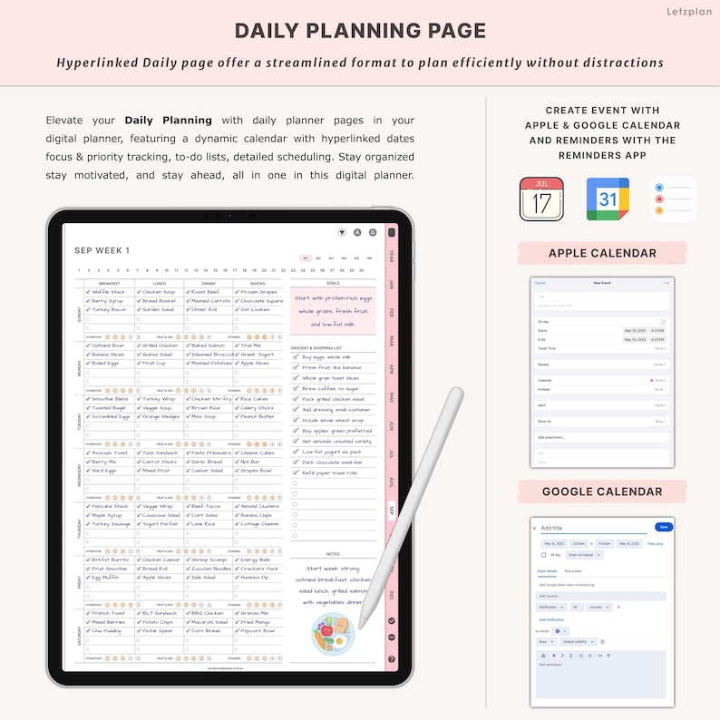 K&ouml;nnte beinhalten: Ein digitaler Planer auf einem Tablet, der eine t&auml;gliche Planungsseite mit einem dynamischen Kalender, To-Do-Listen und Planungsoptionen zeigt. Der Text "DAILY PLANNING PAGE" steht oben. Ein Stift befindet sich neben dem Tablet. Das Bild zeigt auch die Integration von Apple- und Google-Kalendern.