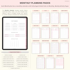 Pu&ograve; includere: Planner mensile digitale con dettagli rosa, con sezioni calendario, piano, shopping e bambino. Include pagine con collegamenti ipertestuali per una facile navigazione. Il planner &egrave; visualizzato su un tablet con una penna.