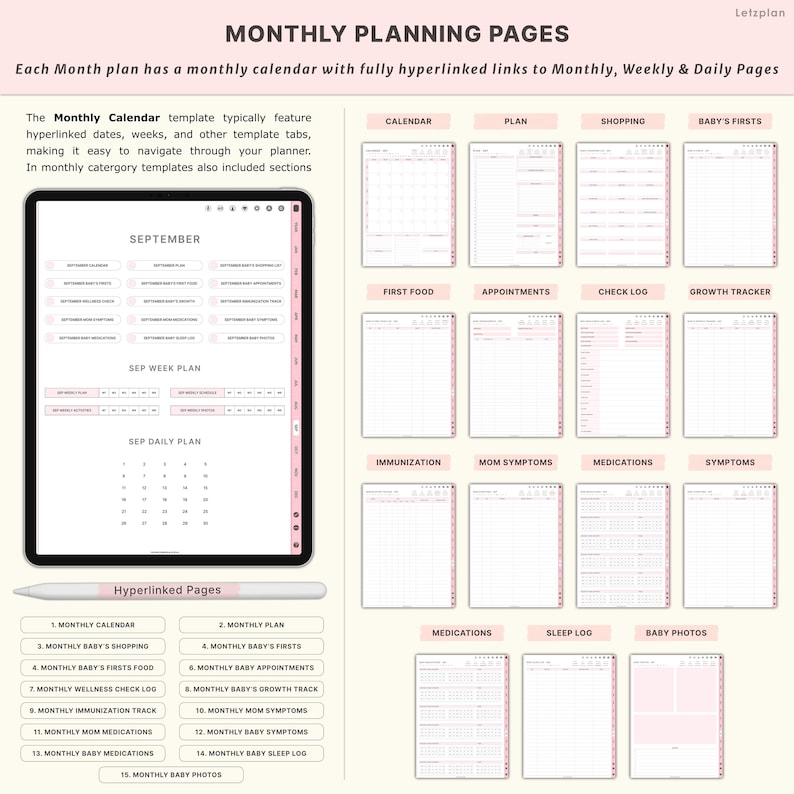 Pu&ograve; includere: Planner mensile digitale con dettagli rosa, con sezioni calendario, piano, shopping e bambino. Include pagine con collegamenti ipertestuali per una facile navigazione. Il planner &egrave; visualizzato su un tablet con una penna.