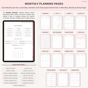 May include: Digital monthly planning pages displayed on a tablet. The pages include a calendar, plan, finance, plant log, and other templates. The text on the screen reads "Monthly Planning Pages" and "September". A stylus is also visible.