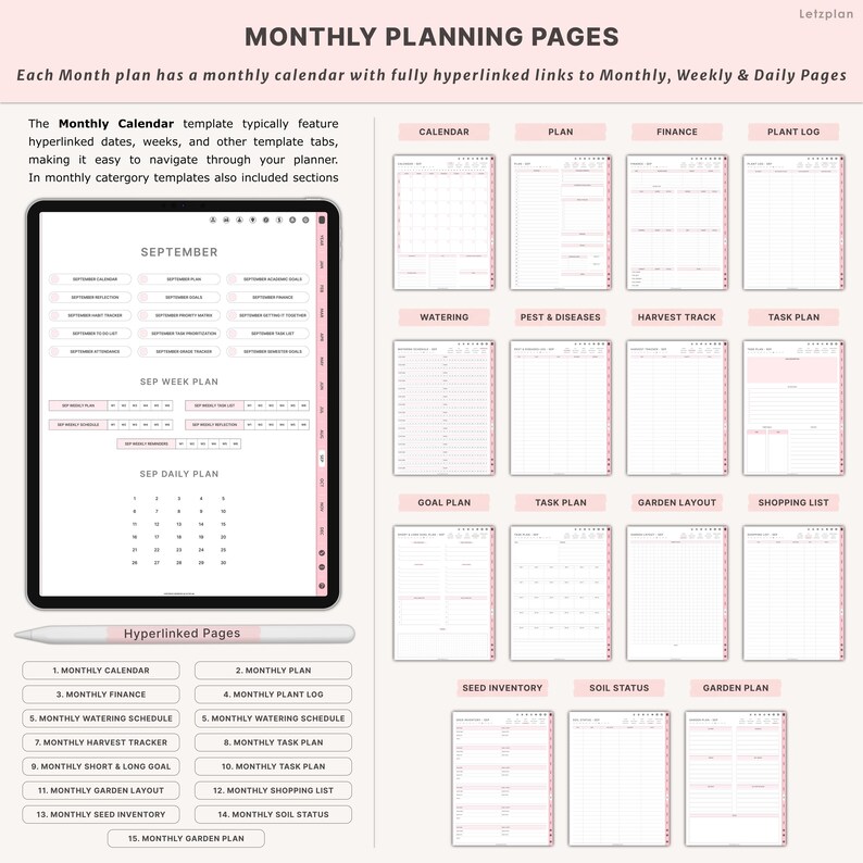 May include: Digital monthly planning pages displayed on a tablet. The pages include a calendar, plan, finance, plant log, and other templates. The text on the screen reads "Monthly Planning Pages" and "September". A stylus is also visible.