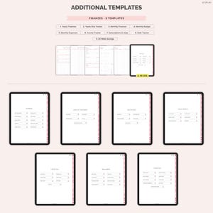May include: Digital planner templates with the text "ADDITIONAL TEMPLATES" and "FINANCES - 9 TEMPLATES". The image shows several digital tablets displaying financial, health, and lifestyle trackers. The tablets are on a light pink background.
