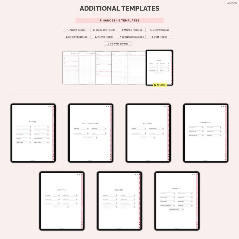 May include: Digital planner templates with the text "ADDITIONAL TEMPLATES" and "FINANCES - 9 TEMPLATES". The image shows several digital tablets displaying financial, health, and lifestyle trackers. The tablets are on a light pink background.