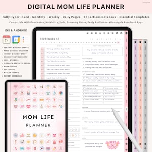 Op de afbeelding: Digitale Mom Life Planner op een tablet en kleiner apparaat. De planner bevat dagelijkse, wekelijkse en maandelijkse pagina's, met 56 secties en essentiële sjablonen. Compatibel met annotatie-apps, met stickers, covers en kleurenthema's.