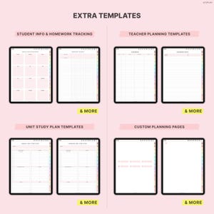 Pu&ograve; includere: Modelli di pianificatore digitale visualizzati su tablet neri. L'immagine mostra vari modelli, tra cui informazioni sugli studenti, monitoraggio dei compiti, pianificazione degli insegnanti, piani di studio unitari e pagine di pianificazione personalizzate. Sono visibili anche i testi "EXTRA TEMPLATES" e "& MORE".