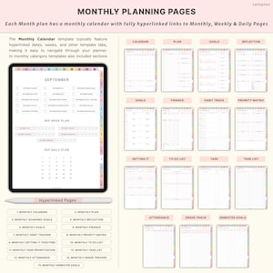 May include: Digital monthly planner with hyperlinked pages. The planner includes calendar, plan, goals, and reflection sections. Additional sections include finance, habit tracker, and to-do lists. The planner is designed for digital use on a tablet.