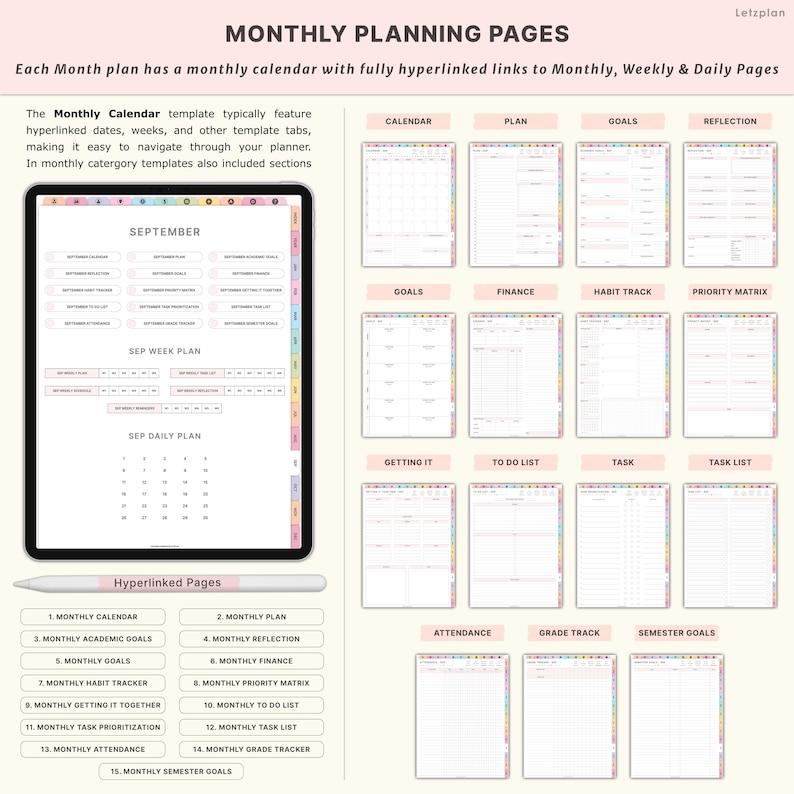 May include: Digital monthly planner with hyperlinked pages. The planner includes calendar, plan, goals, and reflection sections. Additional sections include finance, habit tracker, and to-do lists. The planner is designed for digital use on a tablet.