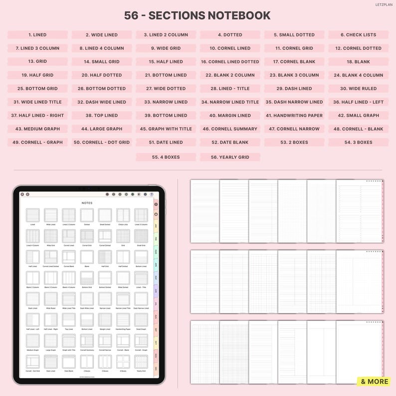 K&ouml;nnte beinhalten: Ein digitales Notizbuch mit 56 verschiedenen Abschnittslayouts, darunter linierte, gepunktete, Raster- und Cornell-Notizstile. Das Bild zeigt ein Tablet, das den Inhalt des Notizbuchs anzeigt, zusammen mit Beispielen f&uuml;r die verschiedenen Seitendesigns.