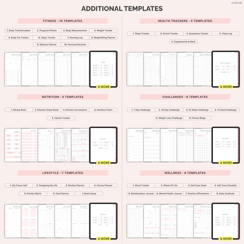 May include: A digital planner template display with categories including Fitness, Health Trackers, Nutrition, Challenges, Lifestyle, and Wellness. Each section showcases several templates, such as a recipe book, sleep tracker, and mood tracker. The text "ADDITIONAL TEMPLATES" is at the top.