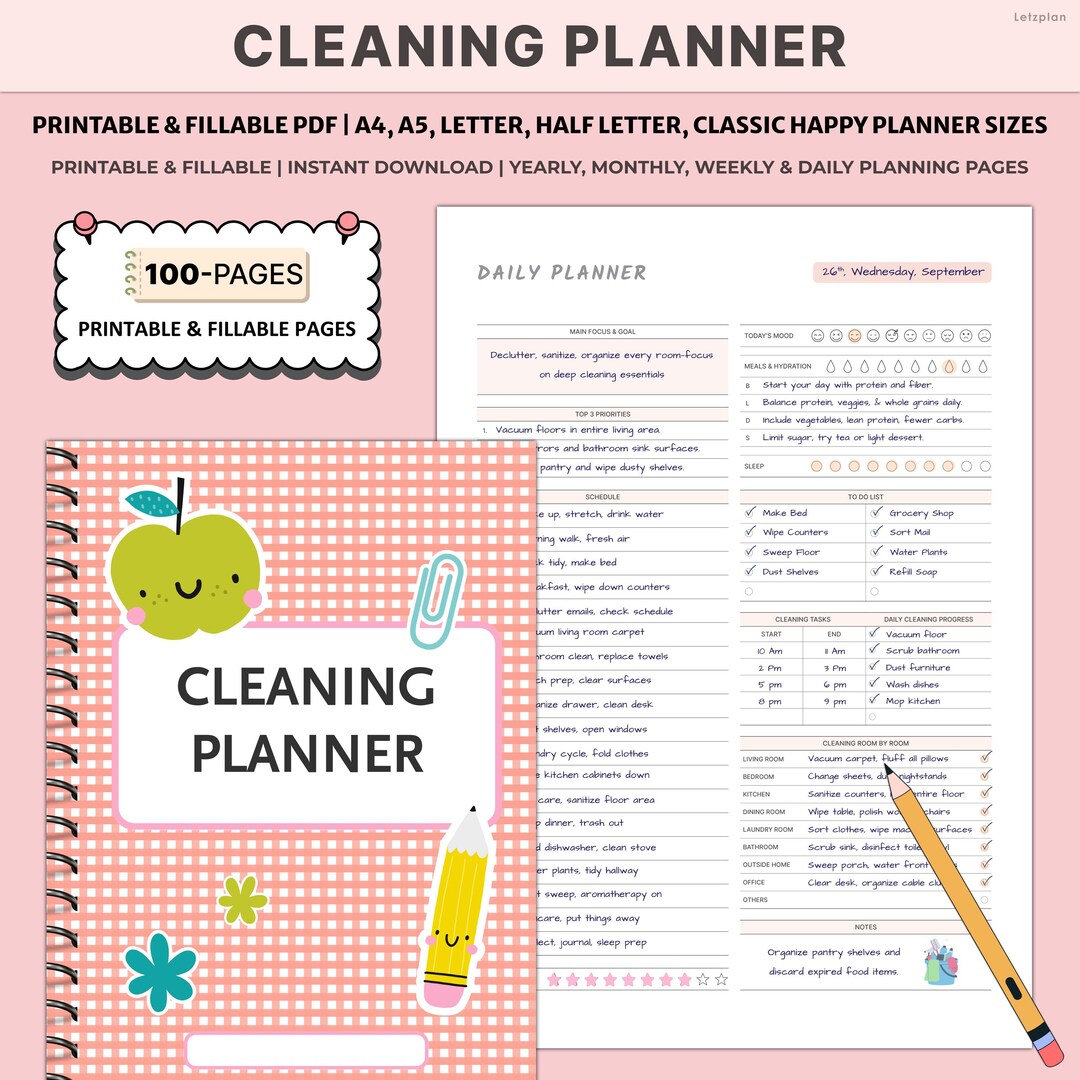 Printable Cleaning Planner Weekly Monthly Checklists Room by Room